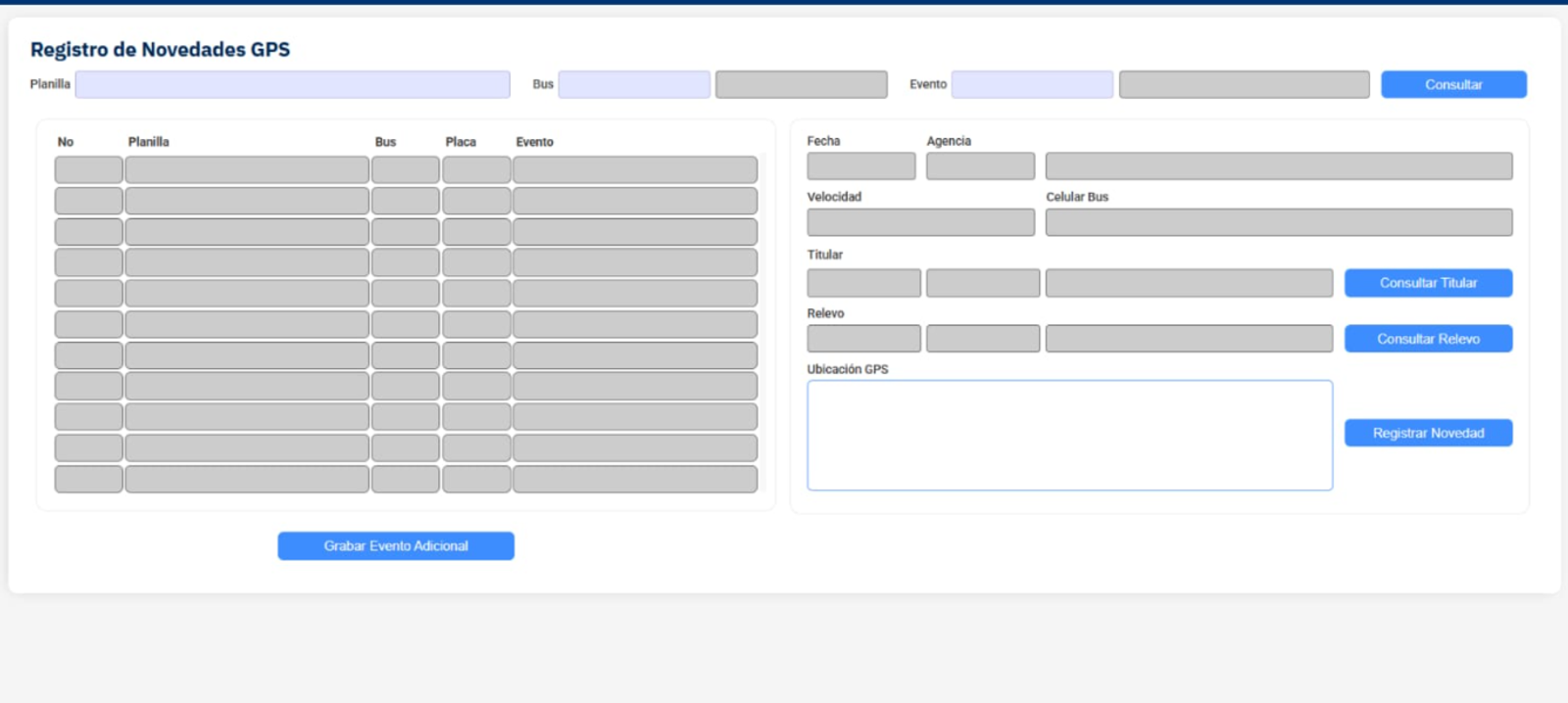 El mismo formulario "Registro de Novedades GPS" ya migrado a una aplicación web moderna, con navegación lateral y controles rediseñados.